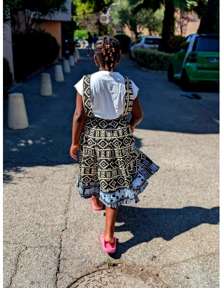 Robe salopette fillette en Bogolan Étnique & Colorée – Tissu Africain Authentique | Olayek